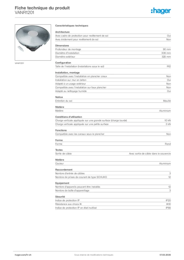 Image Hager Fiche technique du produit VANR1201 | Hager Suisse