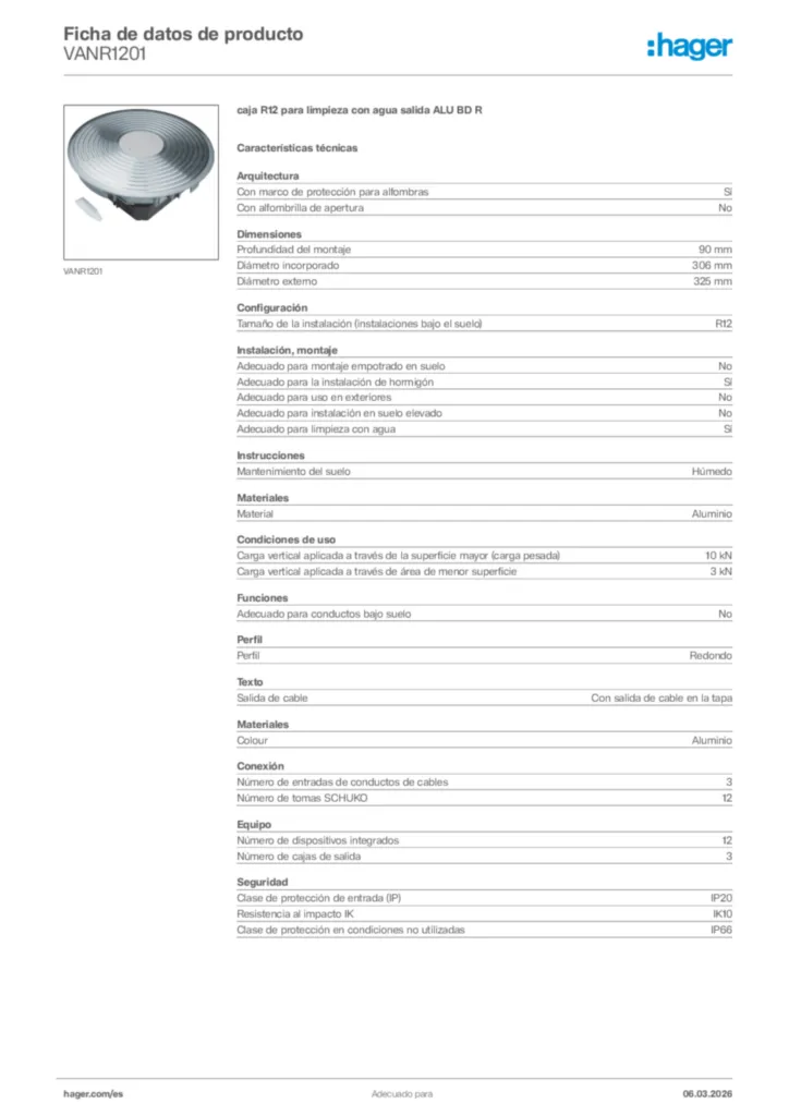 Imagen Hager Ficha de datos de producto VANR1201 | Hager España