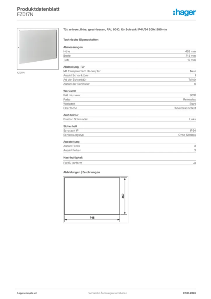 Bild Hager Produktdatenblatt FZ017N | Hager Schweiz