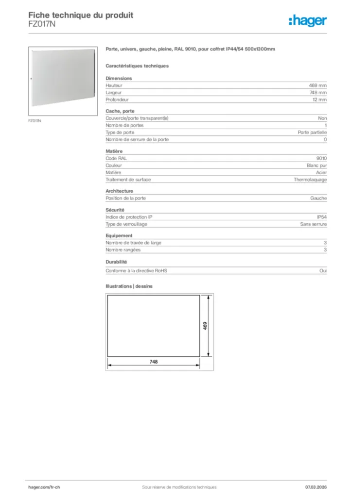 Image Hager Fiche technique du produit FZ017N | Hager Suisse