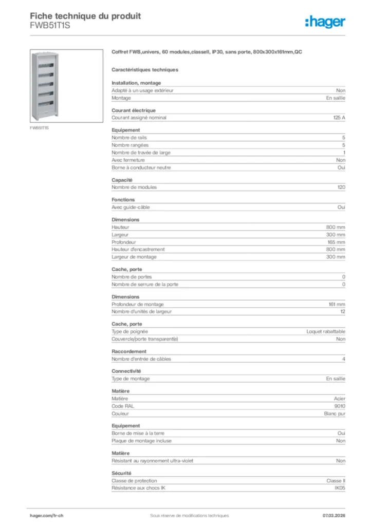 Image Hager Fiche technique du produit FWB51T1S | Hager Suisse