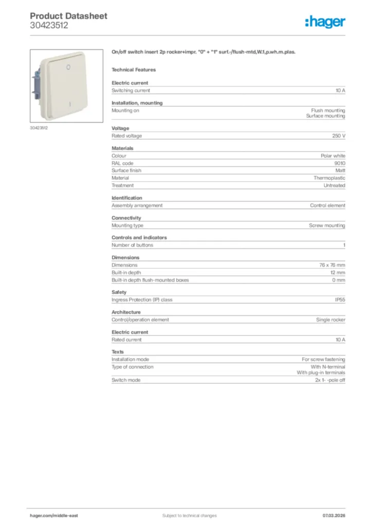 Image Hager Product data sheet 30423512  | Hager