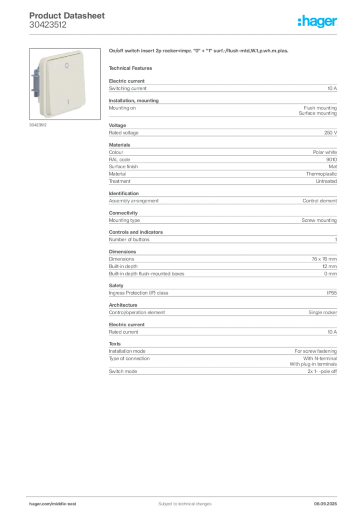 Image Hager Product data sheet 30423512  | Hager