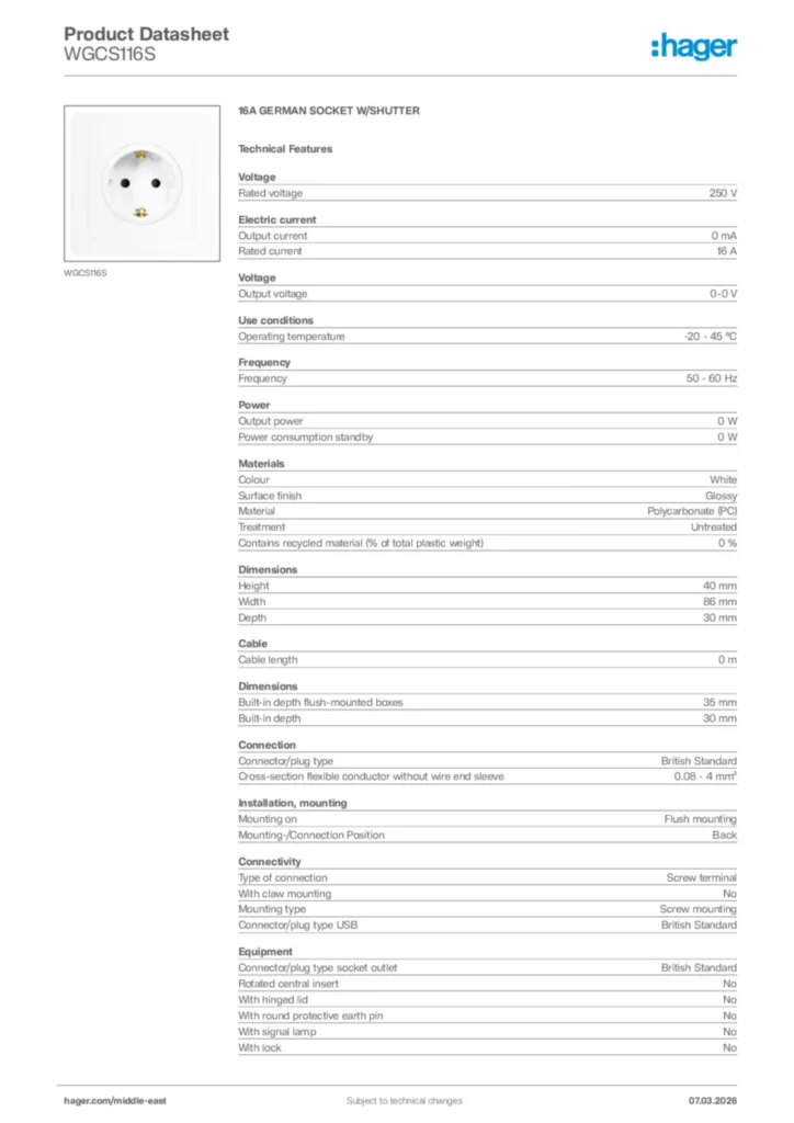 Image Hager Product data sheet WGCS116S  | Hager