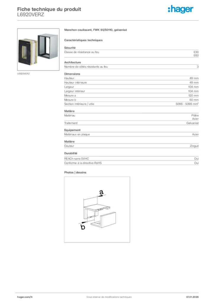Image Hager Fiche technique du produit L6920VERZ | Hager France