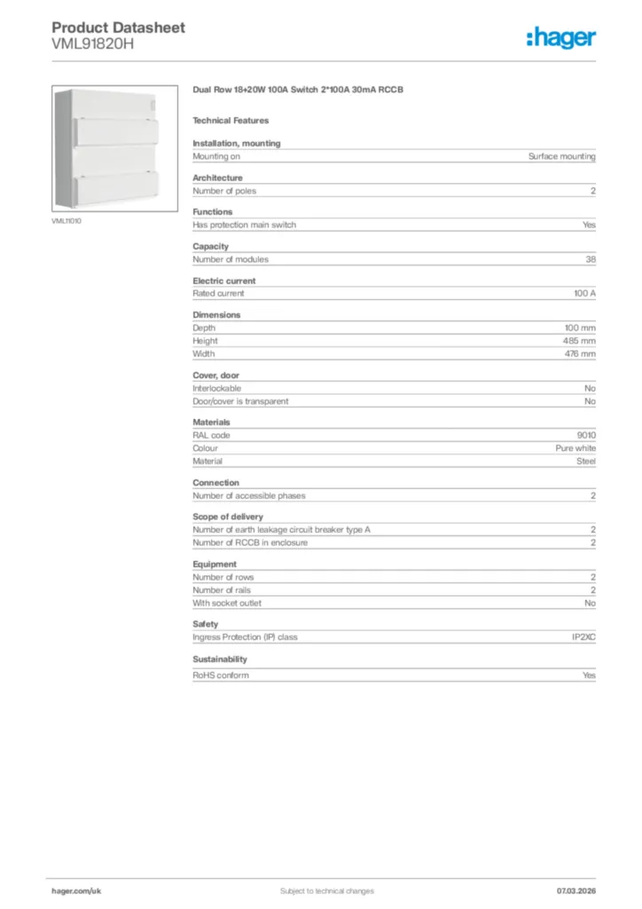 Image Hager Product data sheet VML91820H  | Hager
