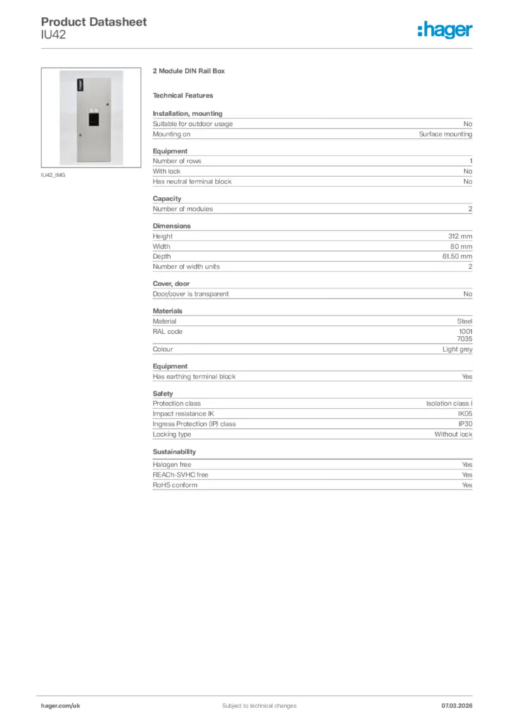 Image Hager Product data sheet IU42  | Hager