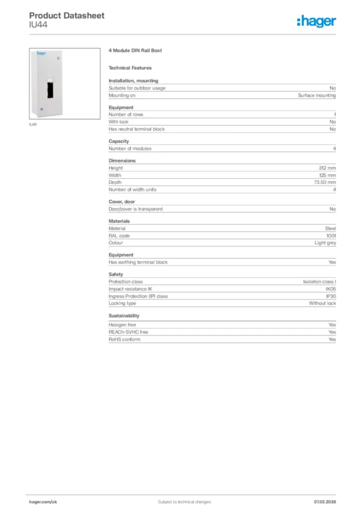 Image Hager Product data sheet IU44  | Hager