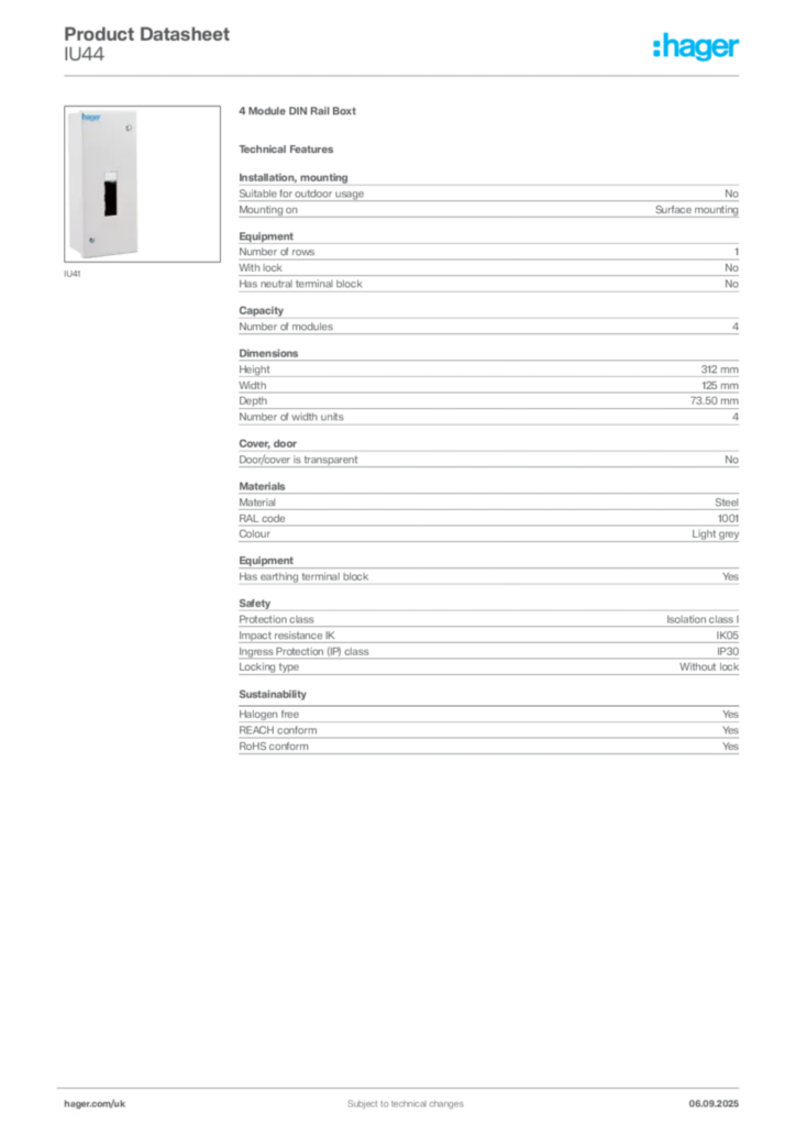 Image Hager Product data sheet IU44  | Hager