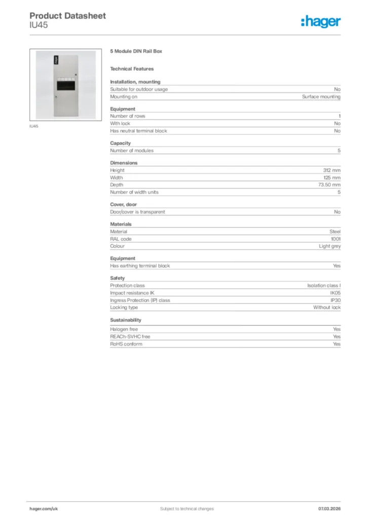 Image Hager Product data sheet IU45  | Hager