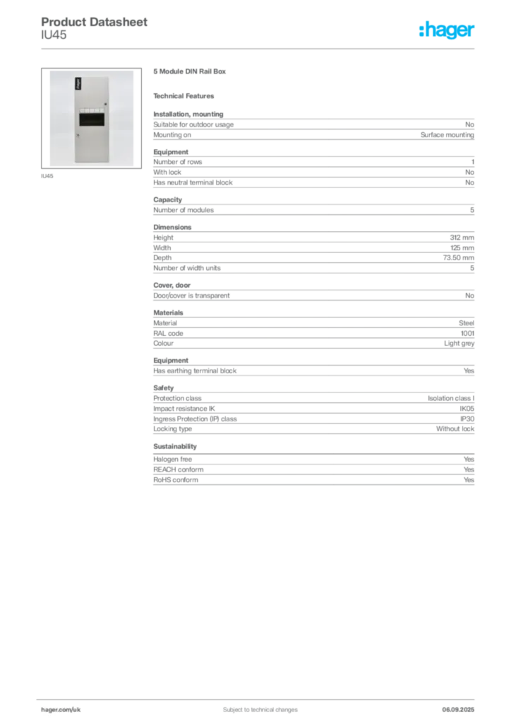 Image Hager Product data sheet IU45  | Hager