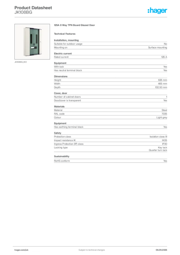 Image Hager Product data sheet JK108BG  | Hager