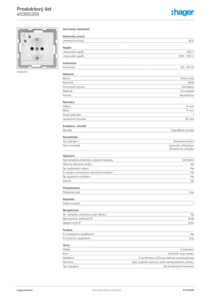 Obrázek Hager Produktový list 41086089 | Hager