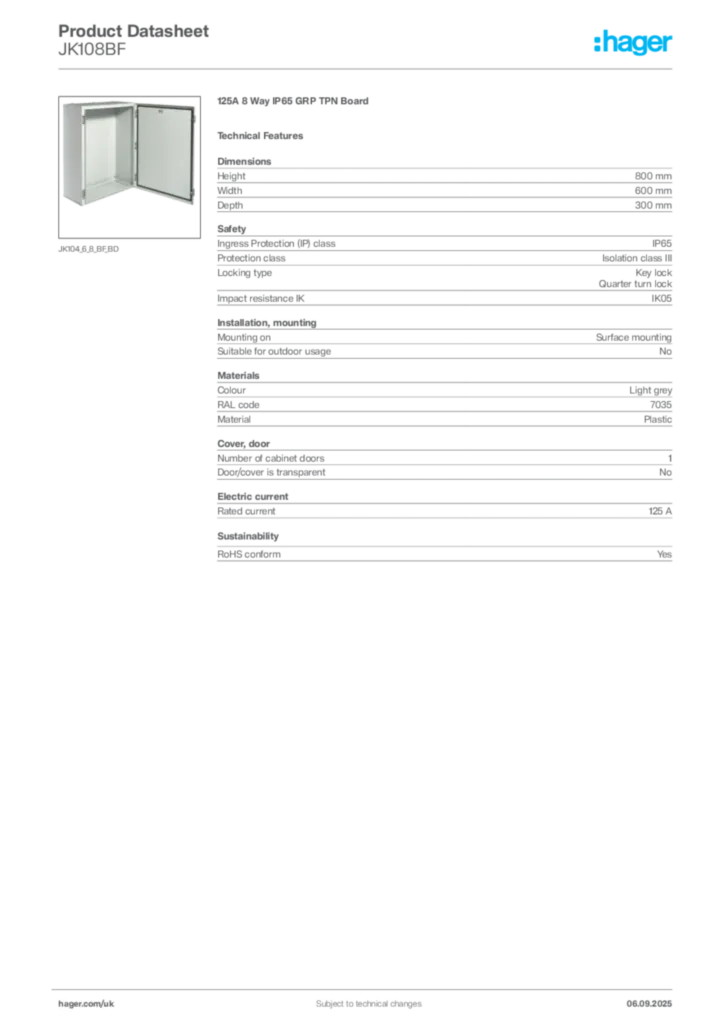 Image Hager Product data sheet JK108BF  | Hager