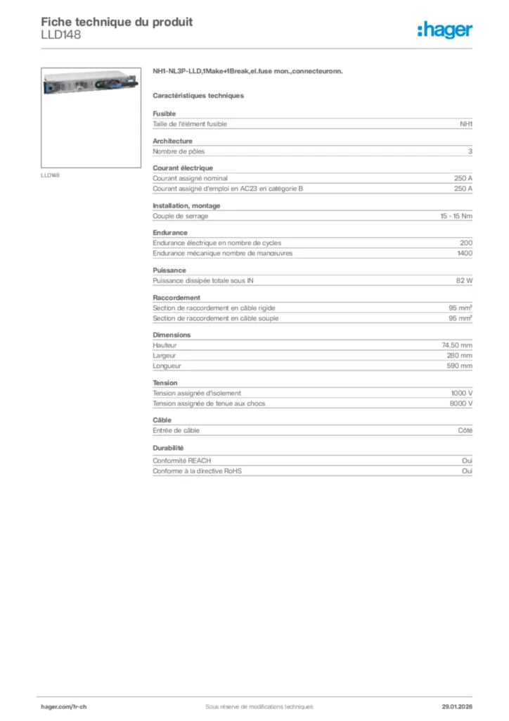 Image Hager Fiche technique du produit LLD148 | Hager Suisse