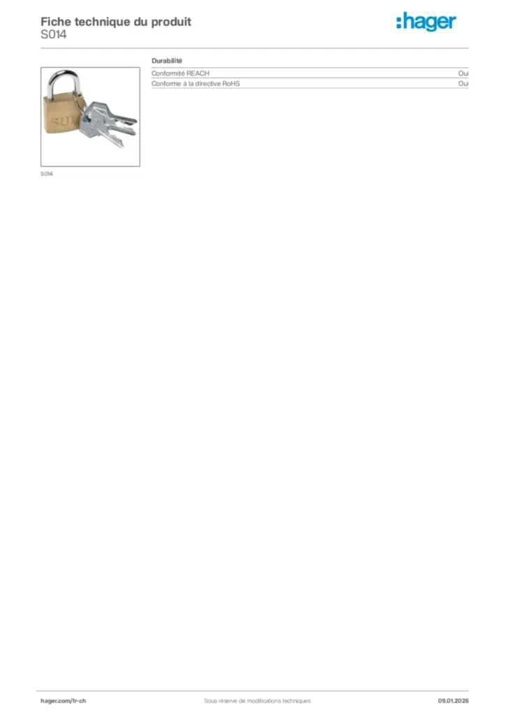 Image Hager Fiche technique du produit S014 | Hager Suisse