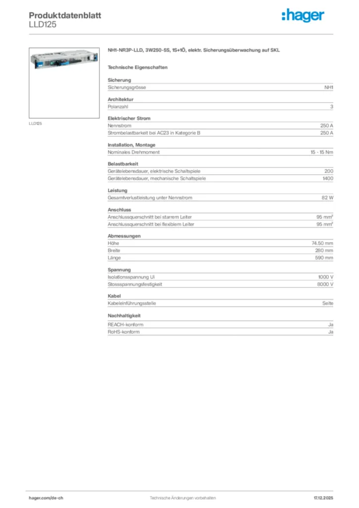Bild Hager Produktdatenblatt LLD125 | Hager Schweiz