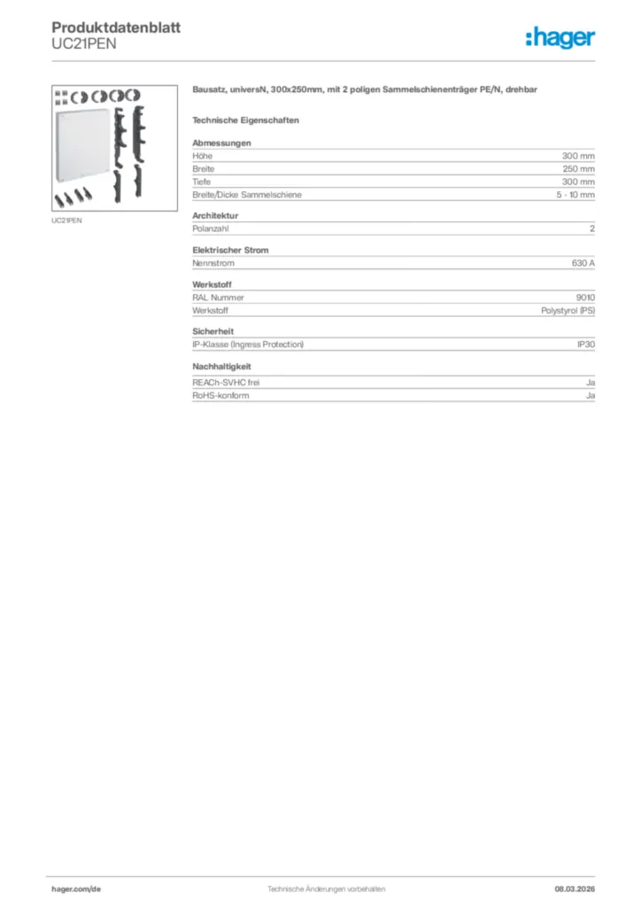 Bild Hager Produktdatenblatt UC21PEN | Hager Deutschland
