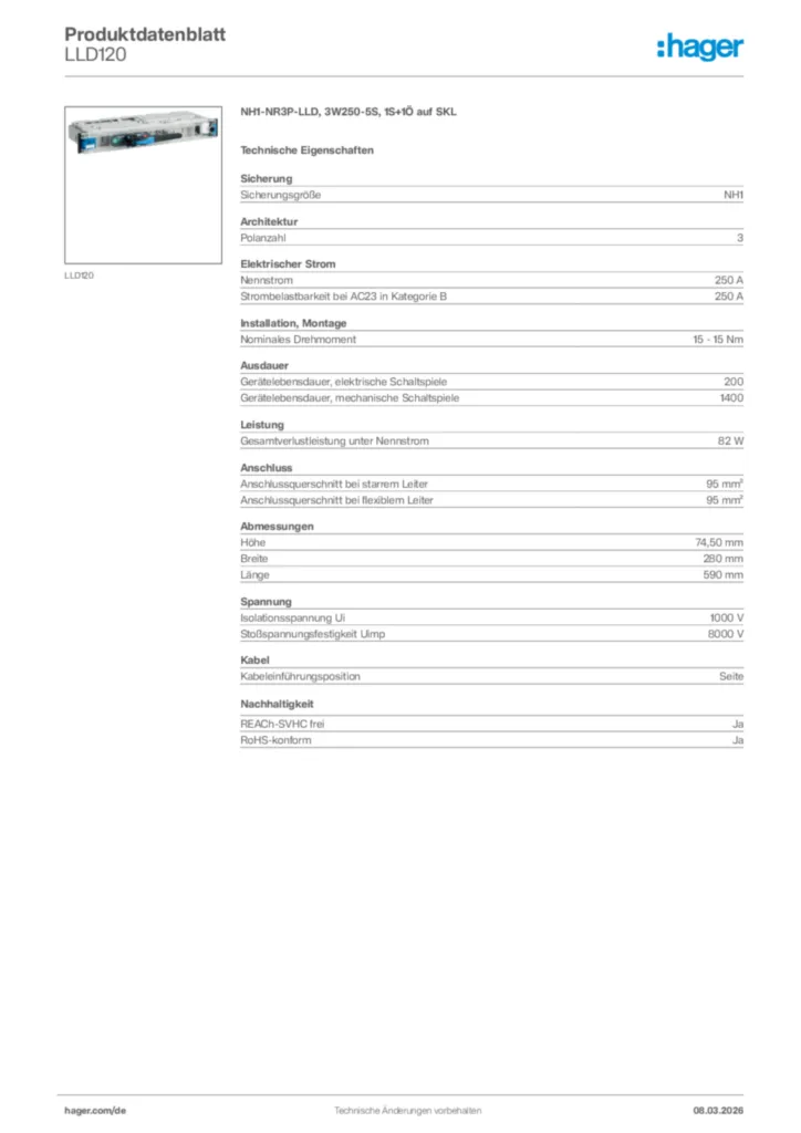 Bild Hager Produktdatenblatt LLD120 | Hager Deutschland