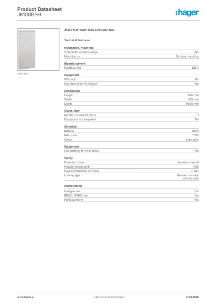 Image Hager Product data sheet JK108BSH  | Hager