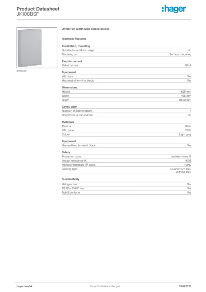 Image Hager Product data sheet JK108BSF  | Hager