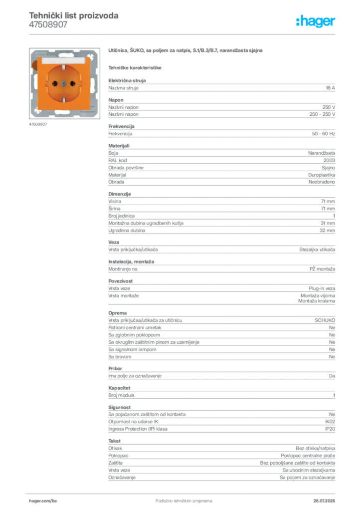 Slika Hager Product data sheet 47508907  | Hager