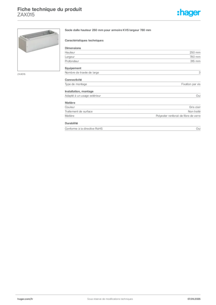 Image Hager Fiche technique du produit ZAX015 | Hager France