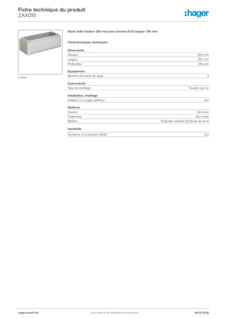 Image Hager Fiche technique du produit ZAX015 | Hager Belgique