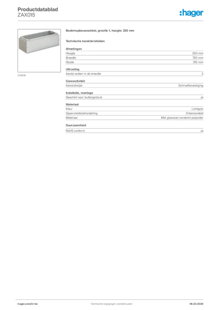 Afbeelding Hager Productdatablad ZAX015 | Hager Belgium