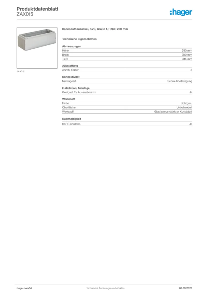 Bild Hager Produktdatenblatt ZAX015 | Hager Deutschland