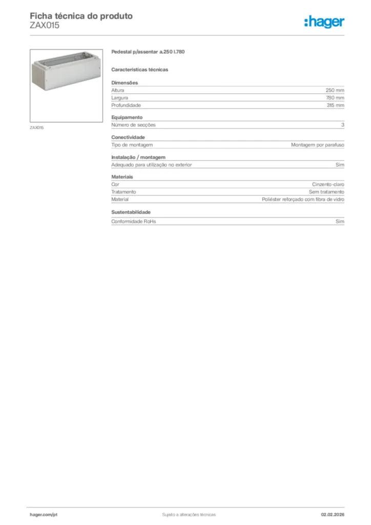 Imagem Hager Ficha técnica do produto ZAX015 | Hager Portugal
