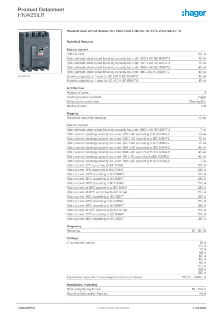 Image Hager Product data sheet HNW251LR  | Hager