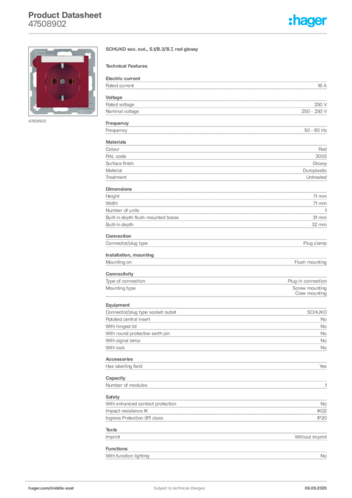 Image Hager Product data sheet 47508902  | Hager