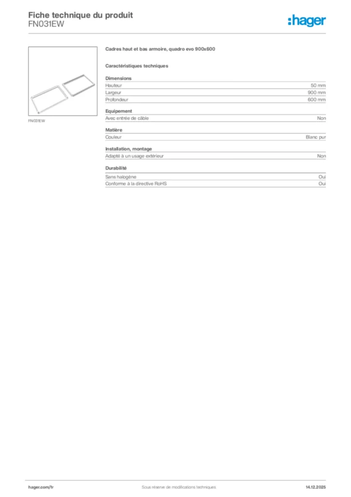 Image Hager Fiche technique du produit FN031EW | Hager France
