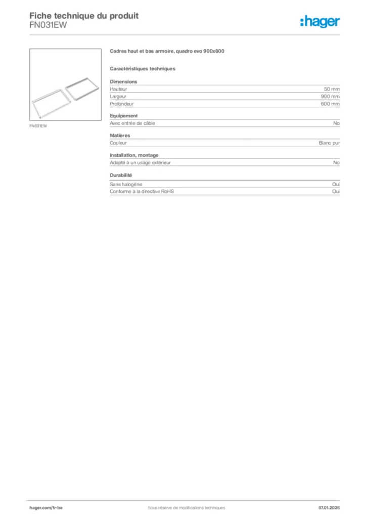Image Hager Fiche technique du produit FN031EW | Hager Belgique