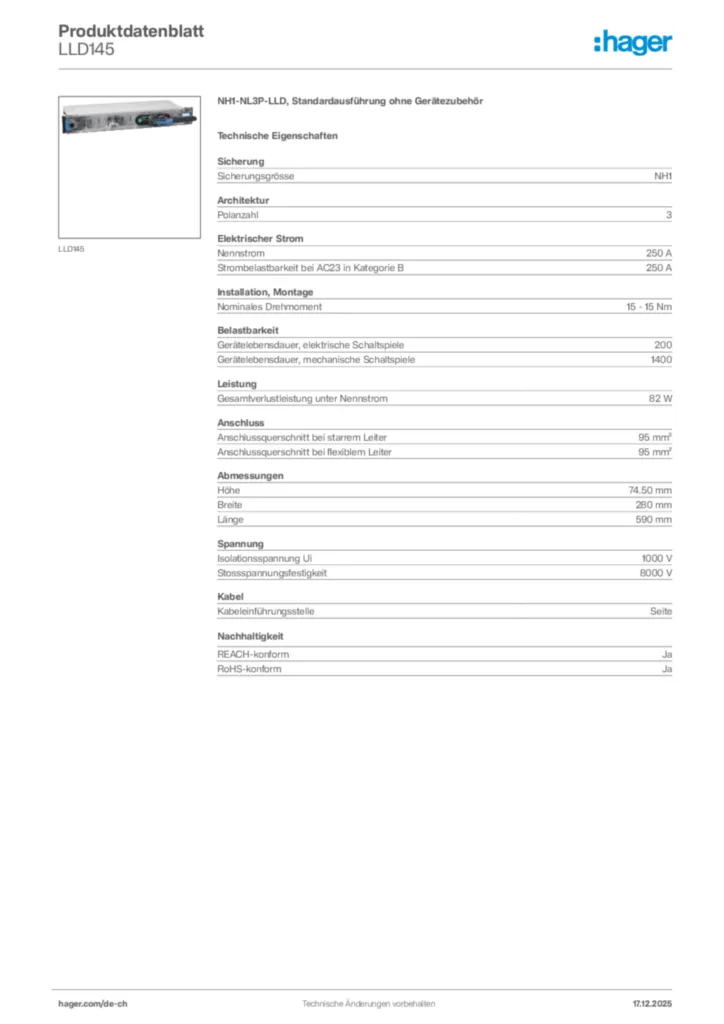 Bild Hager Produktdatenblatt LLD145 | Hager Schweiz