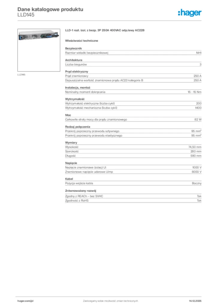 Zdjęcie Hager Karta katalogowa LLD145 | Hager Polska