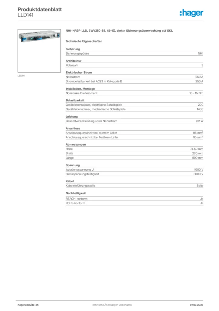 Bild Hager Produktdatenblatt LLD141 | Hager Schweiz