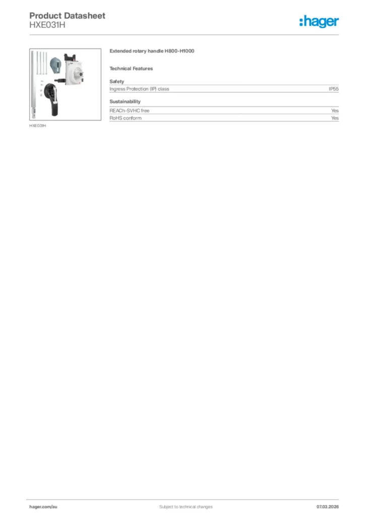 Image Hager Product data sheet HXE031H  | Hager Australia