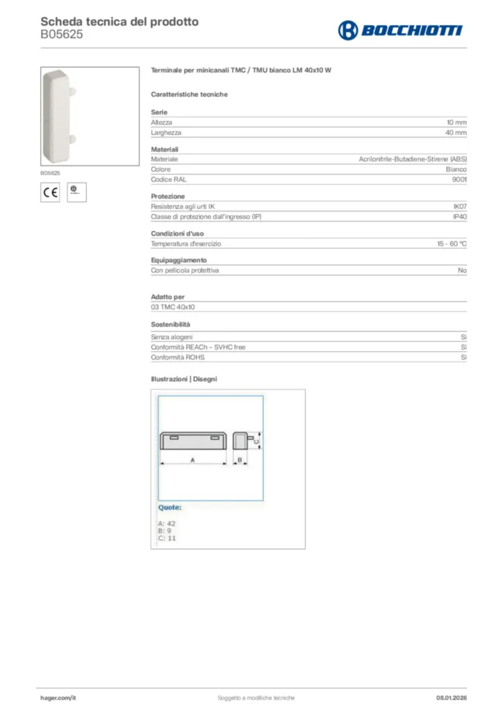 Immagine Bocchiotti Scheda tecnica del prodotto B05625 | Hager Italia