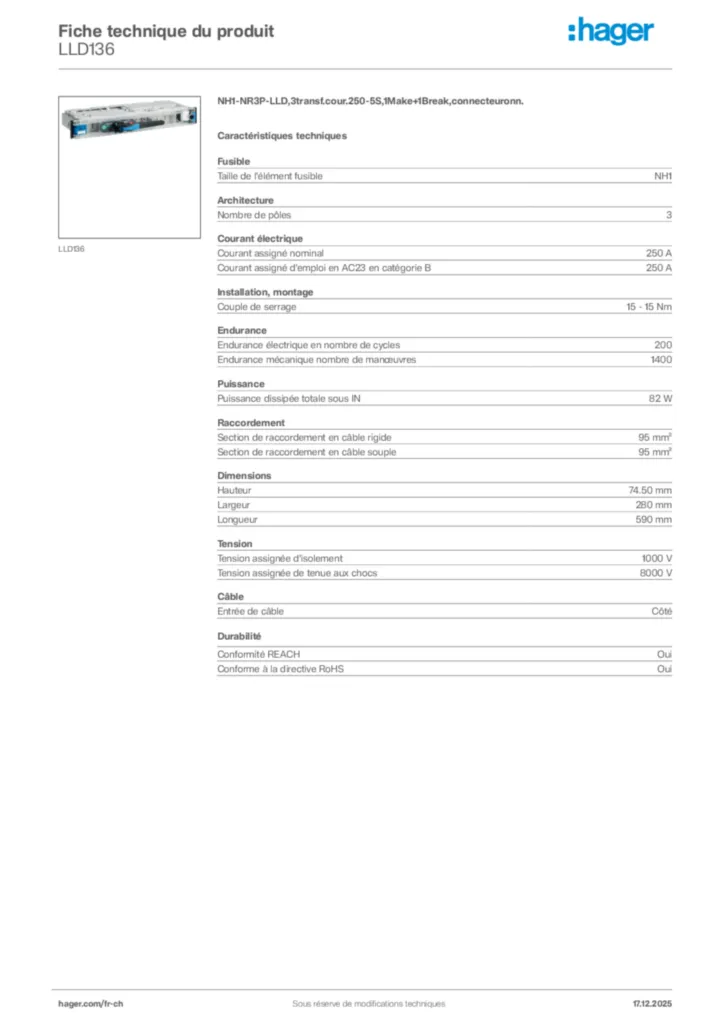 Image Hager Fiche technique du produit LLD136 | Hager Suisse
