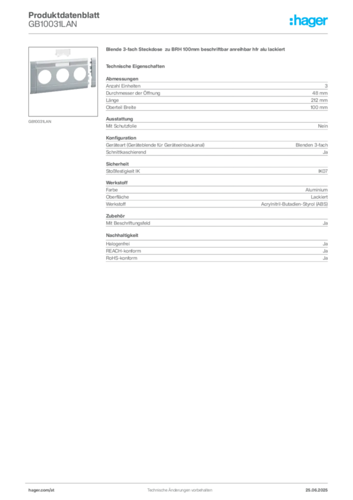 Bild Hager Produktdatenblatt GB10031LAN | Hager Deutschland