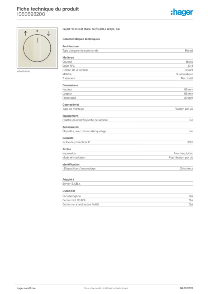 Image Hager Fiche technique du produit 1080898200 | Hager Belgique