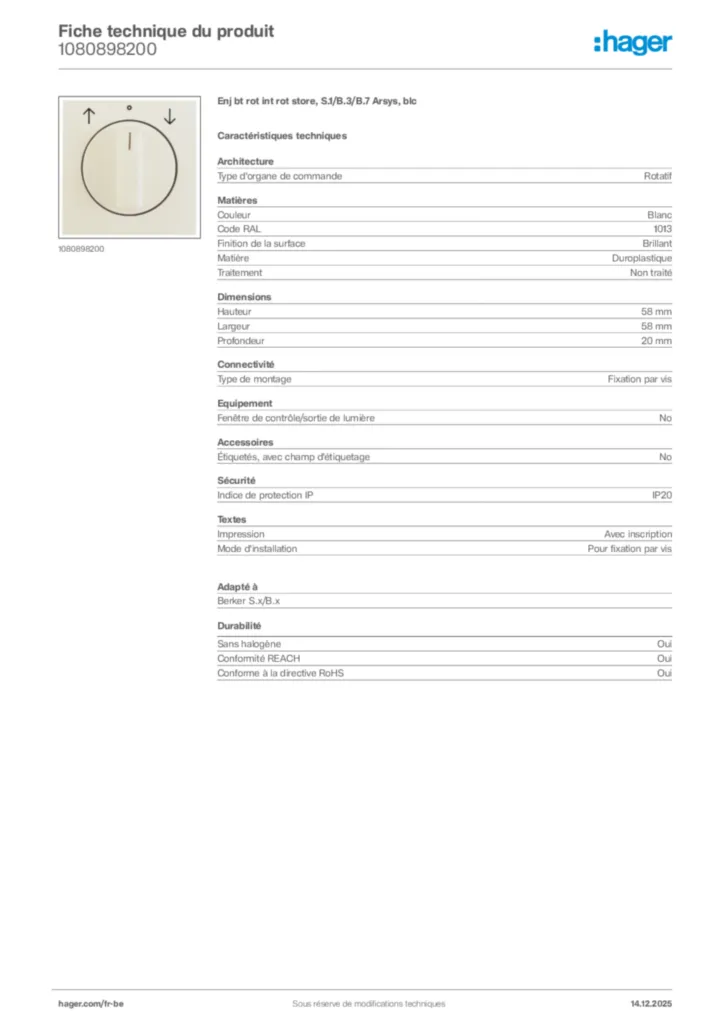 Image Hager Fiche technique du produit 1080898200 | Hager Belgique