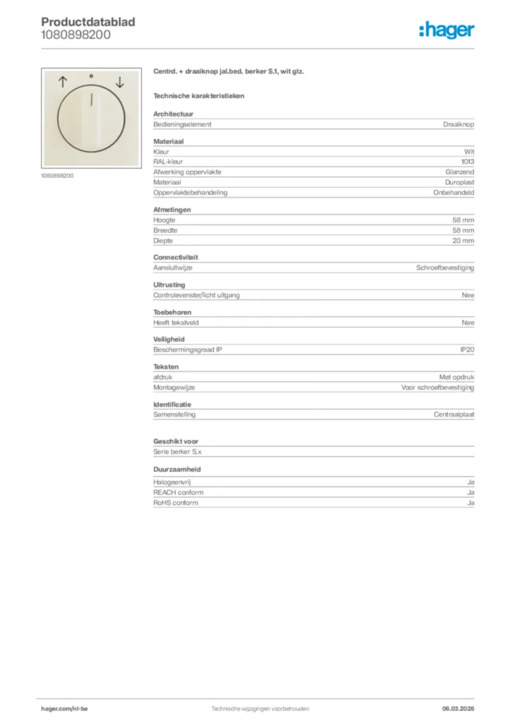 Afbeelding Hager Productdatablad 1080898200 | Hager Belgium