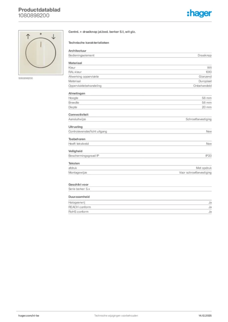 Afbeelding Hager Productdatablad 1080898200 | Hager Belgium