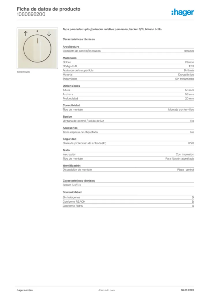 Imagen Hager Ficha de datos de producto 1080898200 | Hager España