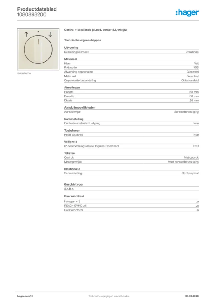 Afbeelding Hager Productdatablad 1080898200 | Hager Nederland