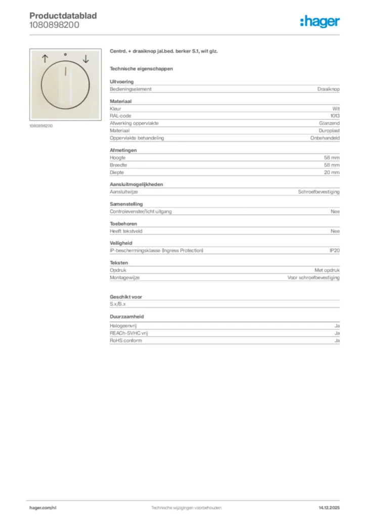 Afbeelding Hager Productdatablad 1080898200 | Hager Nederland