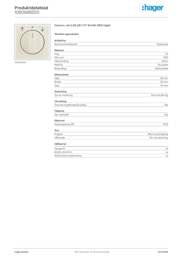 Bild Hager Produktdatablad 1080898200 | Hager Sverige